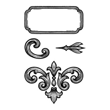 Scrollwork Fleurons Design in Black and White Outline Line Art Drawing with Floral Element