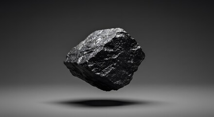 Naklejka premium Levitating chunk of raw iron ore placed on the intersection of top and left third lines, with minimal grey background