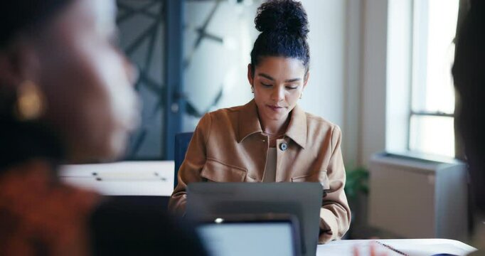 Business, woman and reading document in office for proposal, editor feedback and article report. Journalist, laptop and editing story, proofreading and information for publishing in coworking space