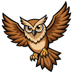 Great horned owl in flight, wings outstretched, soaring silently through night.