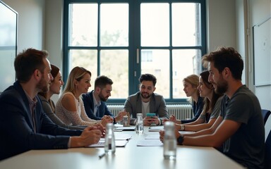 Fototapeta premium People working together in office conference room, business strategy teamwork brainstorming. High quality