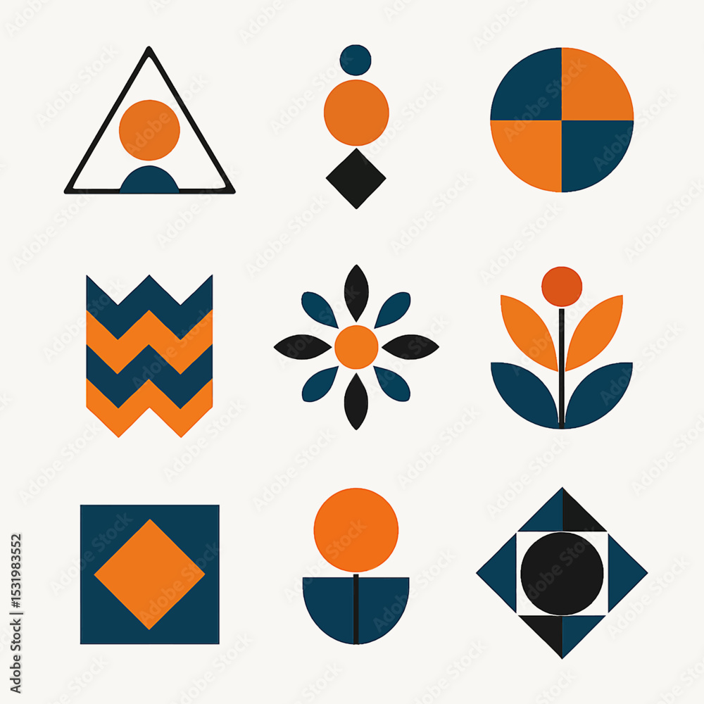 Poster geometric shapes and patterns in a retro color palette create a visually appealing layout