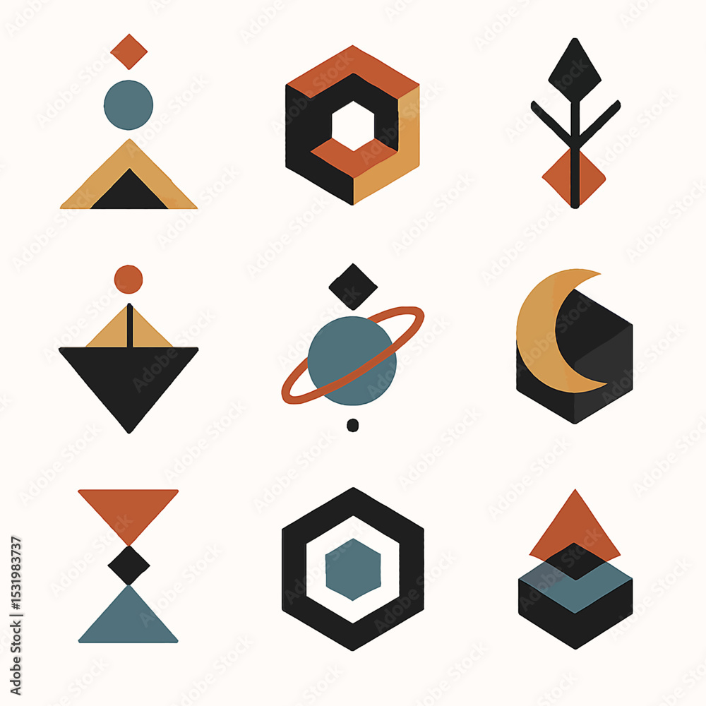 Poster geometric shapes and symbols in retro colors create an abstract pattern design