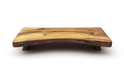 Rectangular, rustic wooden serving tray with natural, slightly curved edges and two small, dark wood legs, isolated on a white background