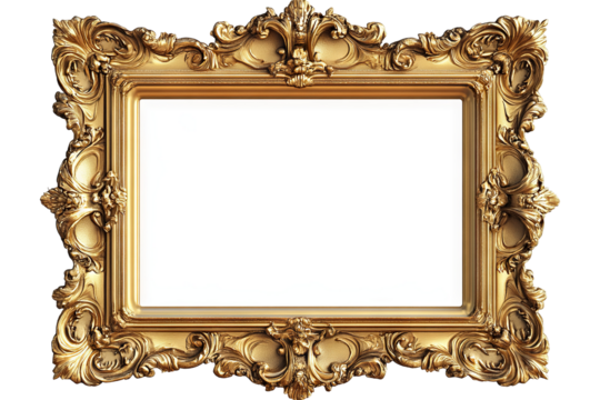 High-resolution baroque gold ornate picture frame isolated on transparent background — elegant vintage PNG cutout element ideal for luxury artwork mock-ups, classical interior decor visualizations