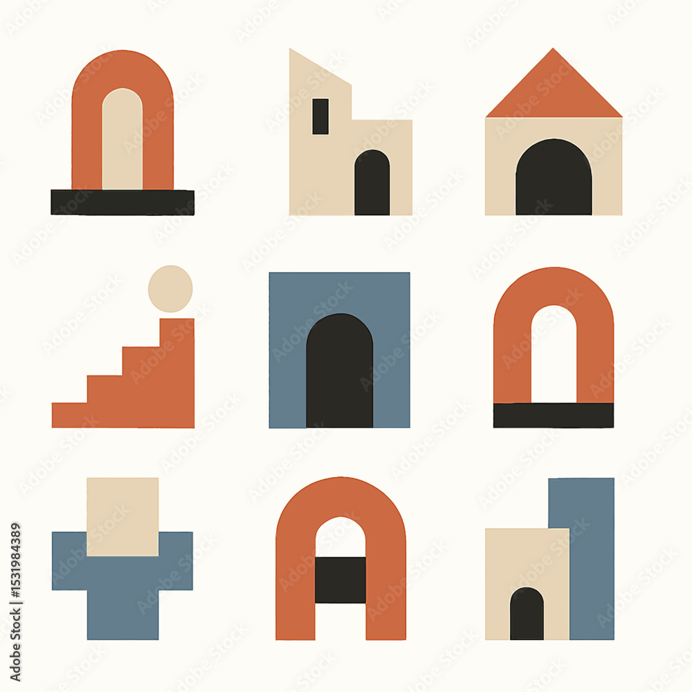 Poster geometric shapes creating architectural forms in a balanced composition design