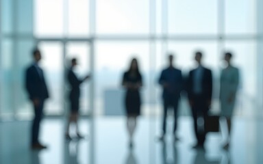 Blurred business people in white glass office. Generative AI. High quality