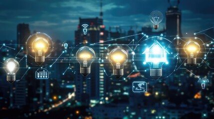 Fototapeta premium Smart light bulbs, plugs, and IoT hubs arranged in a futuristic lighting concept
