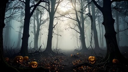 Spooky illuminated carved pumpkins on the forest floor in eerie dark foggy woods landscape for holiday season concept - Powered by Adobe
