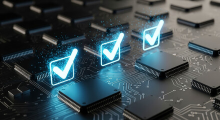 Digital Circuit Board Illustration with Glowing Checkmarks representing Data Processing and Technological Advancement