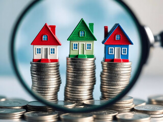 Mini Houses on Coin Stacks Under Magnifying Glass &ndash; Real Estate Investment Concept