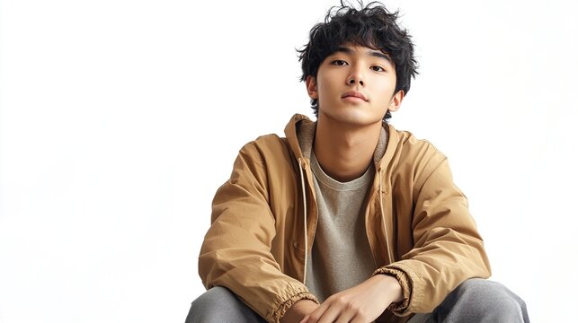 A young man with dark, curly hair sits with a serious expression, wearing a brown jacket, gray t-shirt, and gray pants against a white backdrop