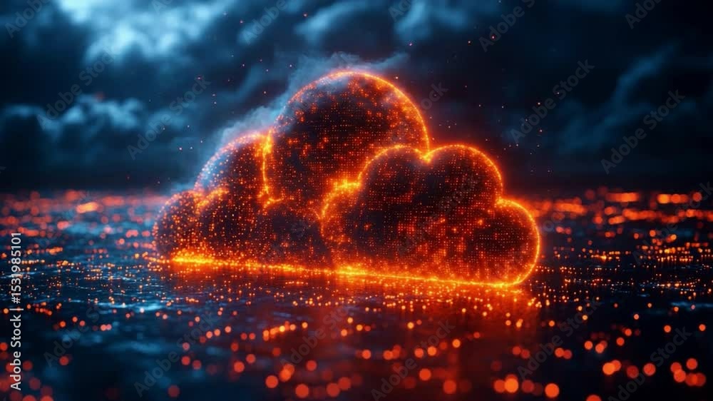 Poster Cloud Computing Luminescence: A mesmerizing digital artwork captures a glowing cloud formation, symbolizing the power of cloud computing, data storage.