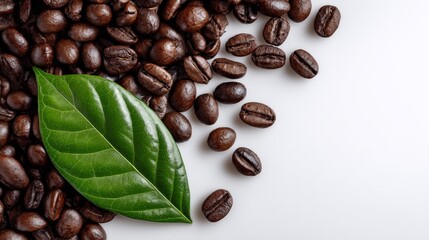 coffee beans with a green leaf - isolated on white background