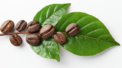 coffee beans with a green leaf - isolated on white background