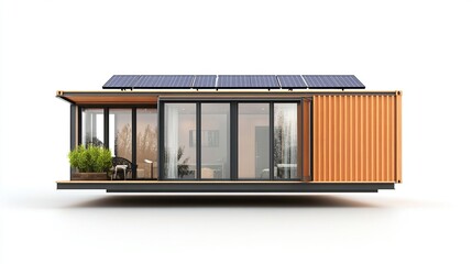 Modern, solar-powered, orange shipping container home with large windows, visible interior, small deck, and potted plants