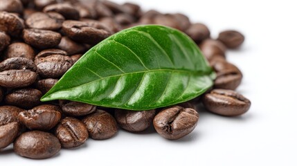 coffee beans with a green leaf - isolated on white background