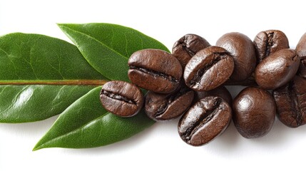 coffee beans with a green leaf - isolated on white background