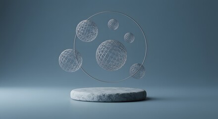 Soft slate blue background with levitating wireframe spheres and smooth stone-texture base 2