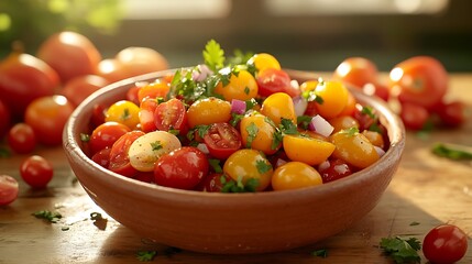 Fresh Tomato Salad with Herbs in Rustic Bowl on Wooden Table Surface