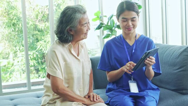 Nurses care women with medical knowledge provide medical knowledge on caring health elderly women and guidelines for maintaining good health by using tablets and online communication technology.