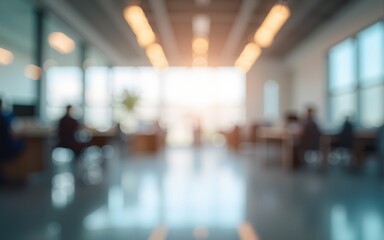 Blurred empty open space office. Abstract light bokeh at office interior background for design. High quality