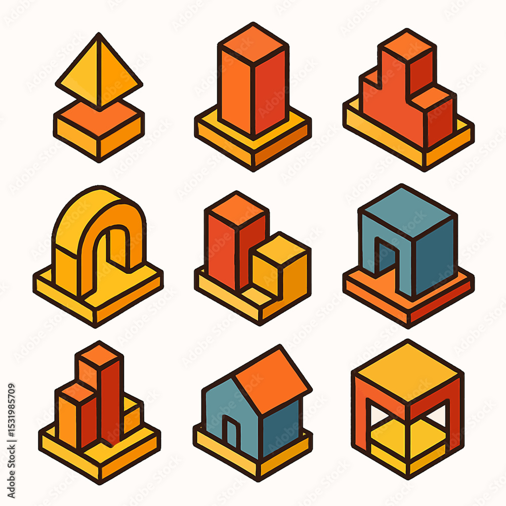 Poster isometric shapes and structures vector set showcasing geometric architectural design elements