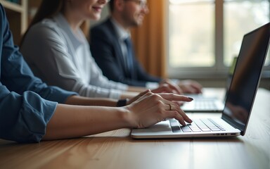 Obraz premium Coworkers Team Work Modern Office Place.Account Manager Showing New Business Idea Startup Presentation.Woman Touching Digital Tablet Screen.Desktop Computer Wood Table.Blurred,Film Effect.Horizontal.