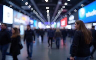 Expo hall at a tech conference with people in motion, blurred effect. High quality