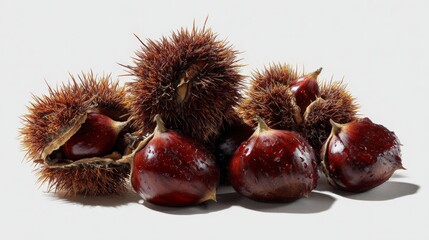 ripe chestnuts on white studio background