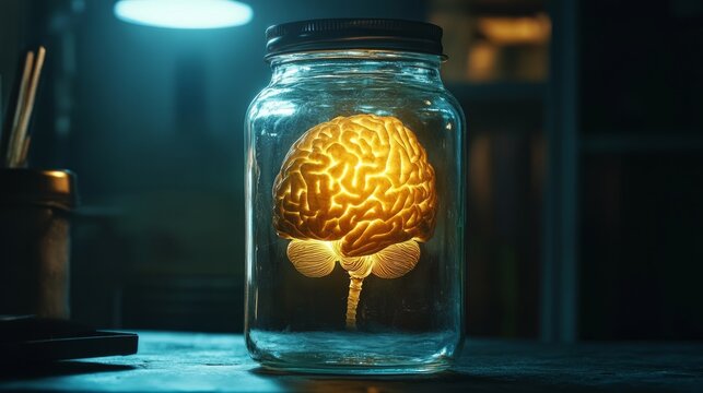 Futuristic concept of an illuminated human brain preserved in a transparent glass jar with glowing neural connections, showcasing advanced neuroscience, artificial intelligence, and scientific researc - Powered by Adobe