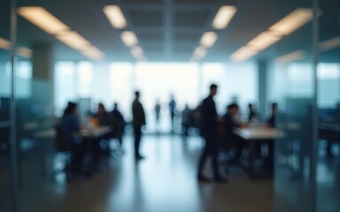 Blurred office with people working behind glass wall. High quality