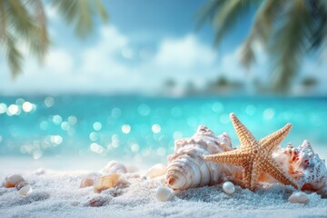 tropical beach with seashells and a starfish on white sand