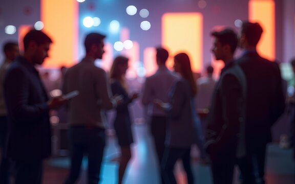 A vibrant networking event with business professionals engaging in conversation, blurred figures creating a sense of motion and activity. High quality