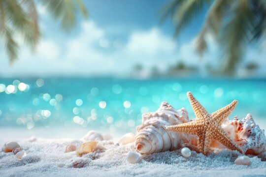 tropical beach with seashells and a starfish on white sand