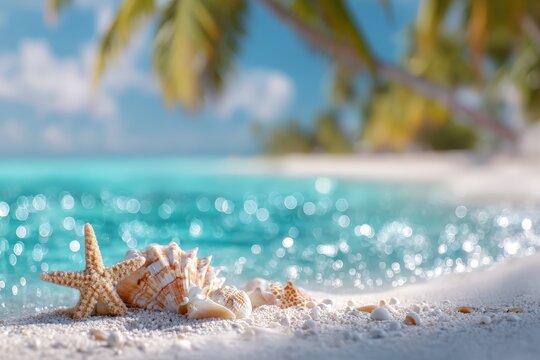 tropical beach with seashells and a starfish on white sand