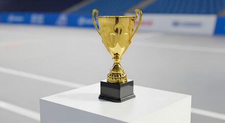 Gold Trophy On A White Podium In An Arena Setting With Blurred Background and Sports Elements