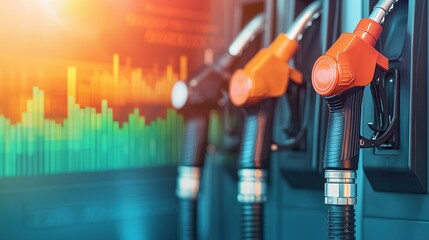 Fuel pump nozzles at a gas station with a digital display showing fluctuating fuel prices in the background.