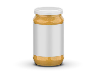 Mustard sauce jar mockup on isolated white background, mustard paste in a glass bottle, 3d illustration