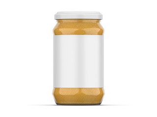 Mustard sauce jar mockup on isolated white background, mustard paste in a glass bottle, 3d illustration