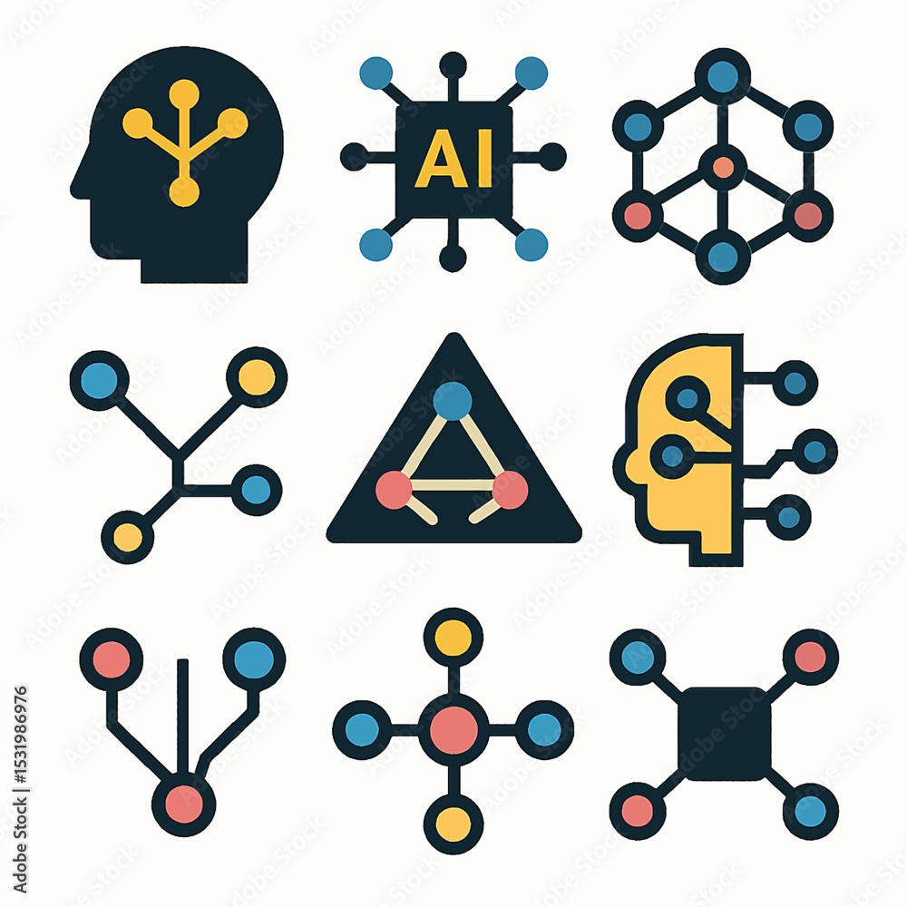 Poster artificial intelligence icons set featuring neural networks and machine learning concepts