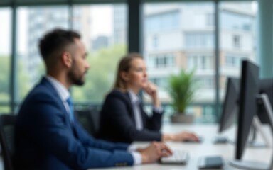 Businessmen blur in the workplace in office with computer or shallow depth of focus of abstract background. High quality