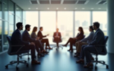 Blurred business people meeting in office interior with space for business brainstorming background design. High quality