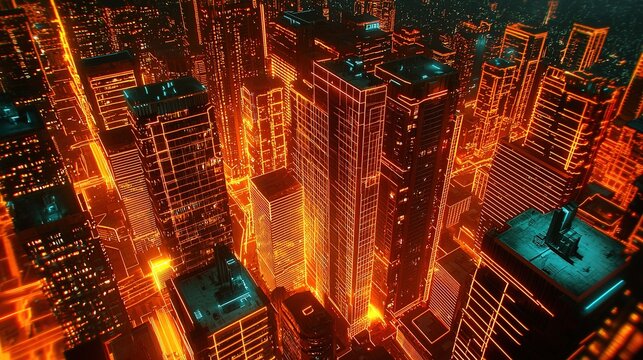 Futuristic cityscape glowing with neon orange lights, showcasing tall skyscrapers and a vibrant, digital atmosphere at night.
