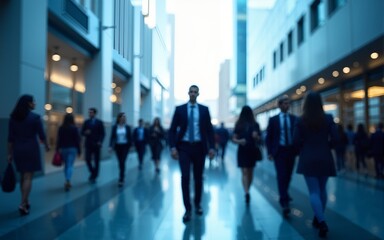 Generative AI. abstract motion blur image of business people crowd walking at corporate office in city downtown, blurred background, business center concept, blue color tone. High quality