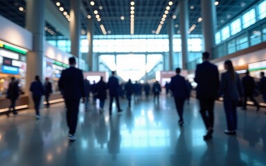 blurred business people walking at a trade fair, conference or walking in a modern hall, motion speed blur,  wide panoramic banner. High quality