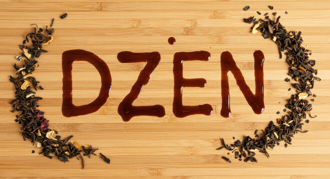 Tea leaves and dzen calligraphy in tea on bamboo background - flat lay design