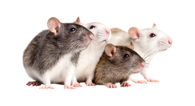 A group of white and gray rats sitting together isolated on a transparent background