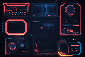 Fototapeta premium Frames made of futuristic frames. Cyberpunk HUD square screen. Digital futuristic HUD interface panels, hologram high tech screens. Custom attention interfaces for games