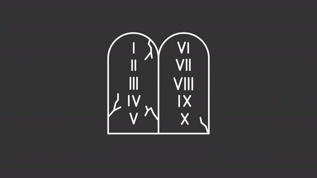 Ten commandments white line animation. Bible testaments animated icon. Scaling roman numerals. Floating stone tablets, religion. Isolated element on dark background. Alpha transparent video